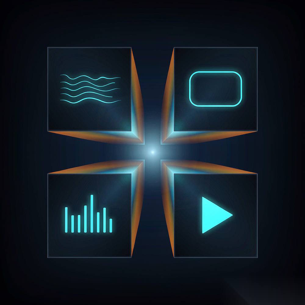 Four media tiles (text, photo, audio wave, video) converging into a single glowing point