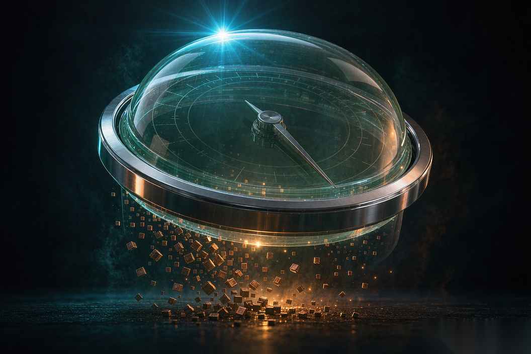 Fifteen glowing photo cards fan out into a single converging projector beam