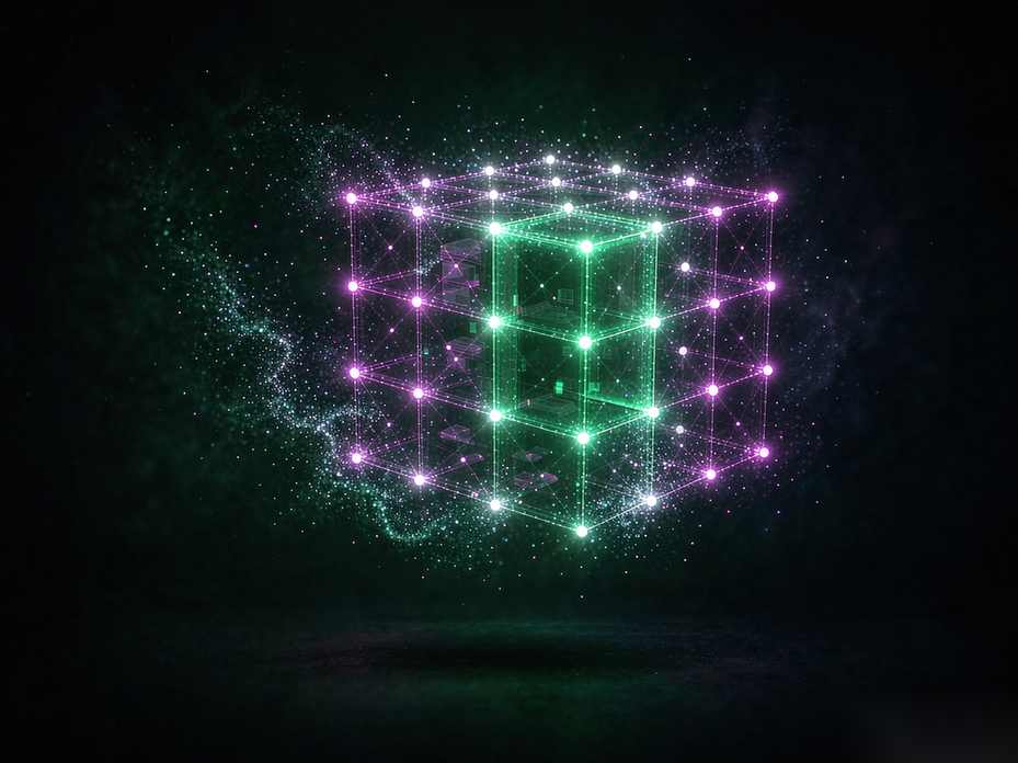 A translucent cube of pure light assembling itself from a cloud of glowing dots