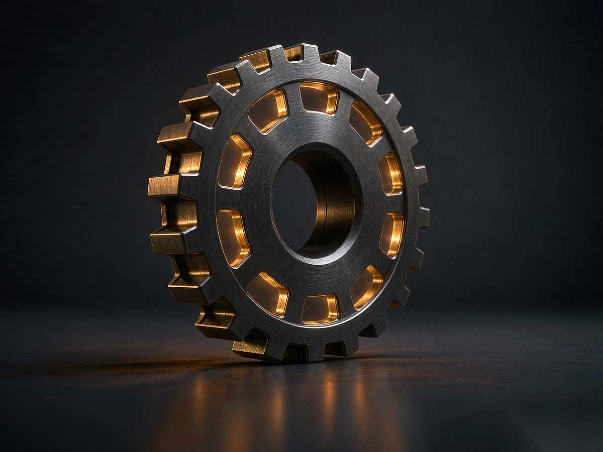 A glowing mechanical gear with film-sprocket teeth on a dark reflective surface