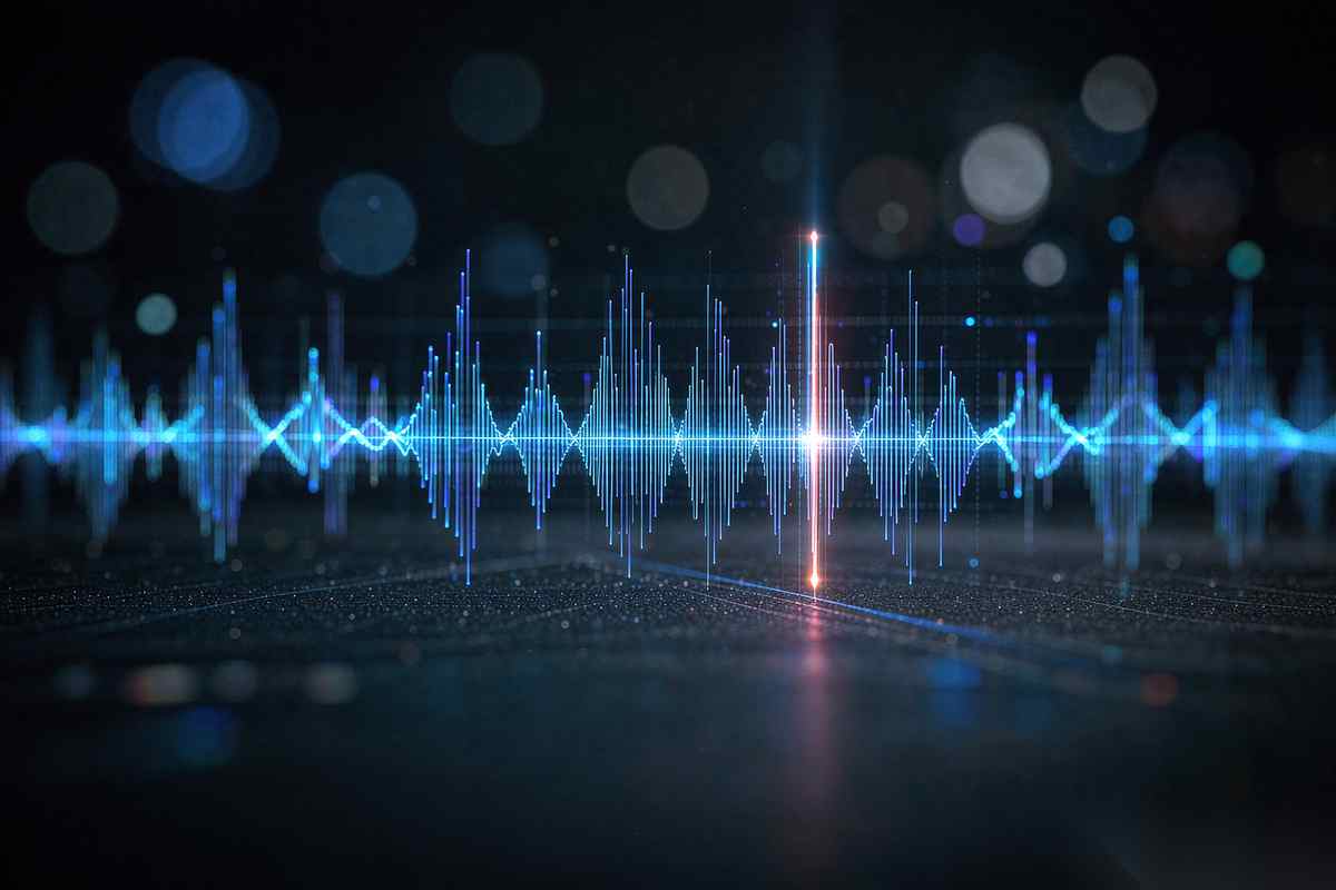 A single glowing audio waveform threading through a row of editing markers, showing one tool editing and generating sound in one pass