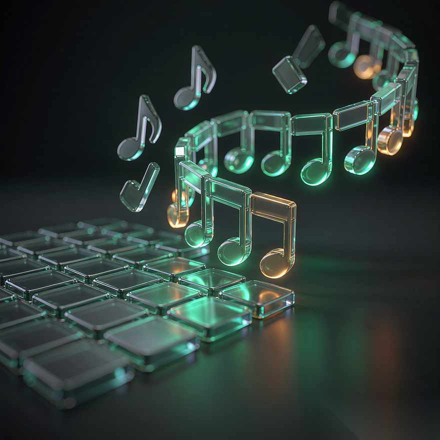 A sheet of music where the notes hover as editable glowing tiles, half assembled into a finished bar