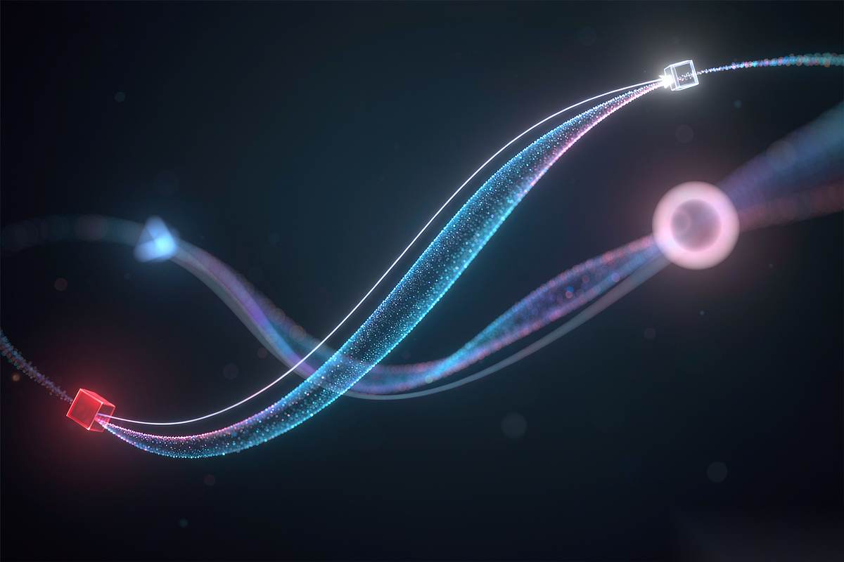 Simple geometric shapes caught mid-motion along a smooth curved timeline, each leaving a soft trail