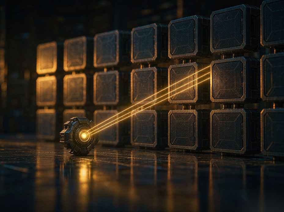 A small illuminated switch in the foreground routing thin lines of light into one of several larger modules behind it