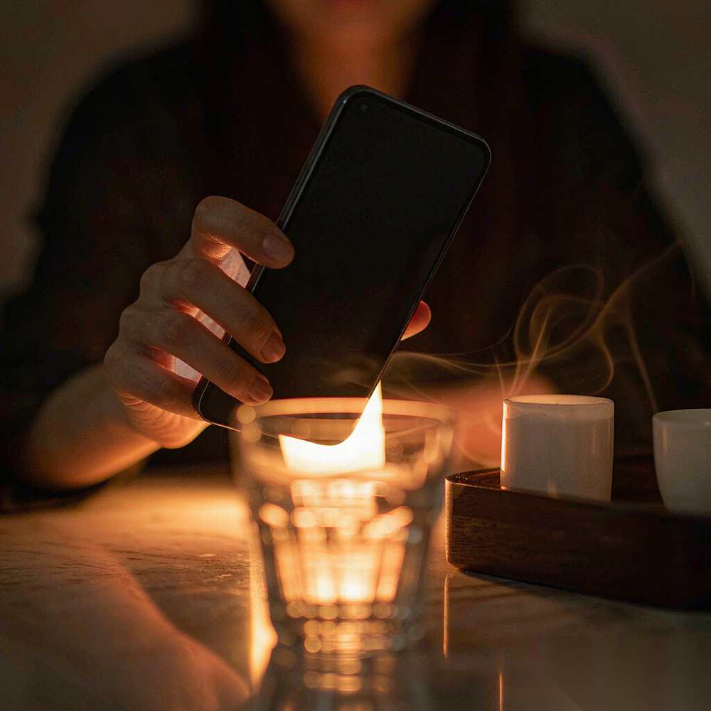 A pair of glasses resting on a table while soft lines of light describe the objects around them