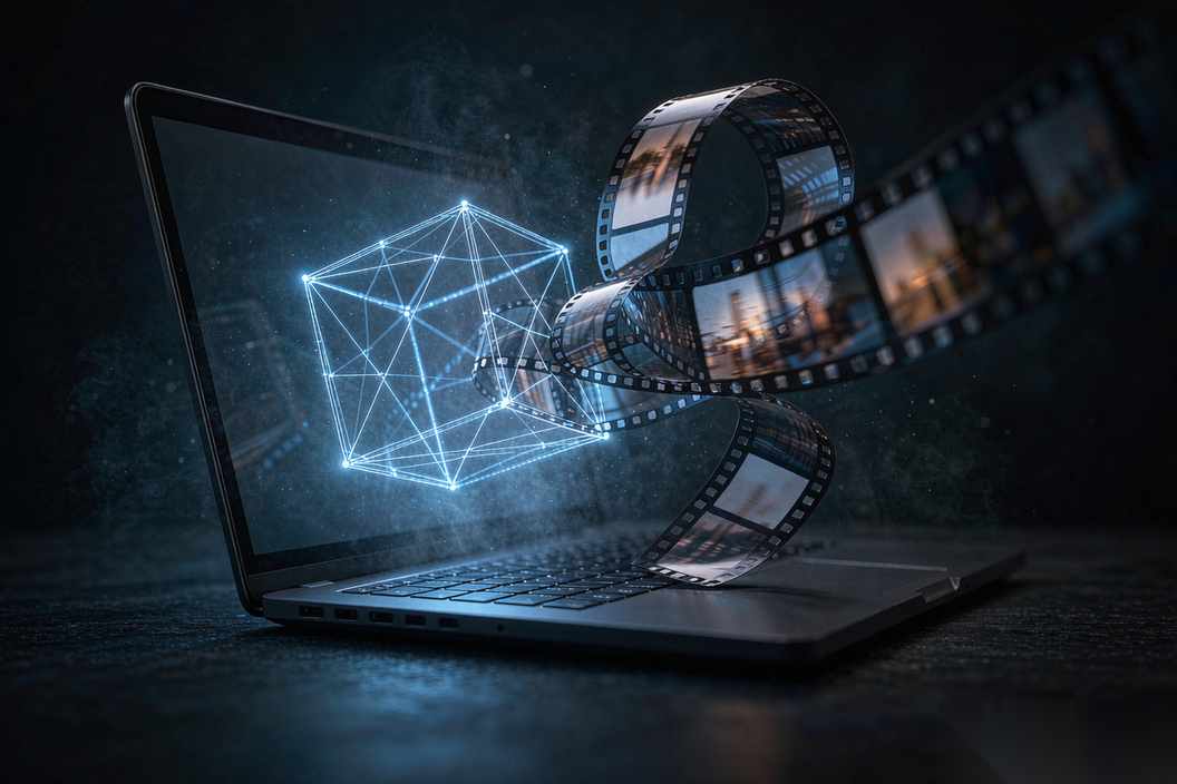 An open laptop on a dark desk with a glowing film-strip and a wireframe object emerging from its screen