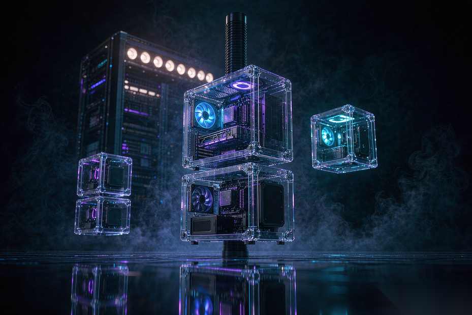 A neat stack of translucent computer boxes floating above a dark surface, one box lit from within