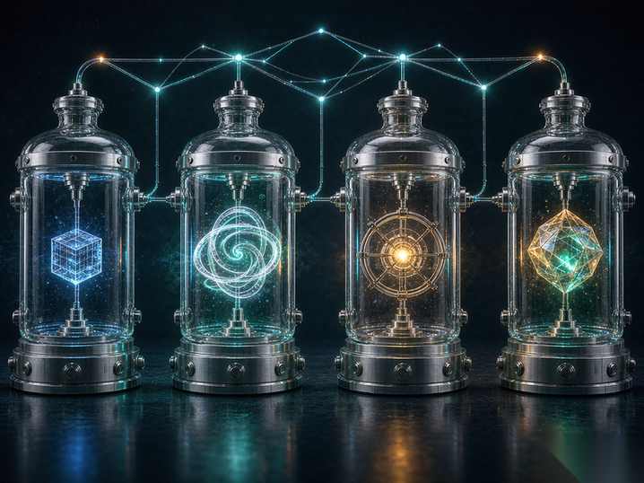 Four translucent glass chambers in a row, each holding a glowing shape, linked by fine threads of light, evoking the four stages of planning, implementation, review, and verification