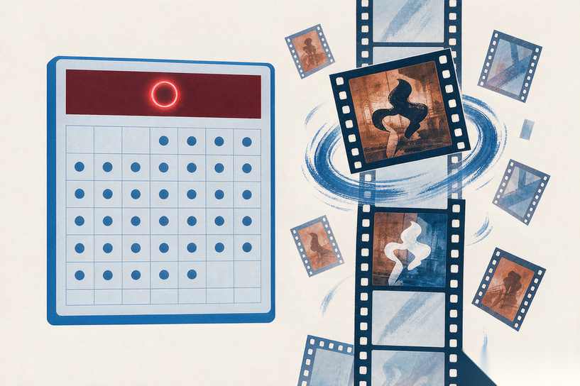 Une date entourée d'un cercle lumineux sur un calendrier, à côté d'une pellicule qui bascule vers une nouvelle image, illustrant une date de retrait fixe et une migration
