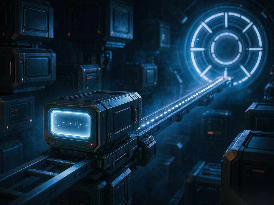 Inside a phone-sized glowing square chip, a bright expert module is lit ahead of time by a beam of light and slides along a track toward the compute core, while several dimmed expert modules sit around it, illustrating lookahead scheduling that preloads the next expert