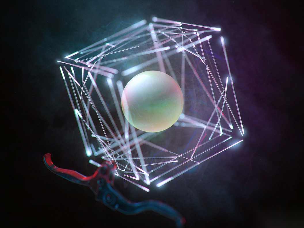 一个由发光细线围成的正方体笼子悬浮在深色空间中,笼子一角有一根可拉动的红色制动杆,笼内是一枚安静的发光核心,示意为自主智能体加装围栏与紧急制动