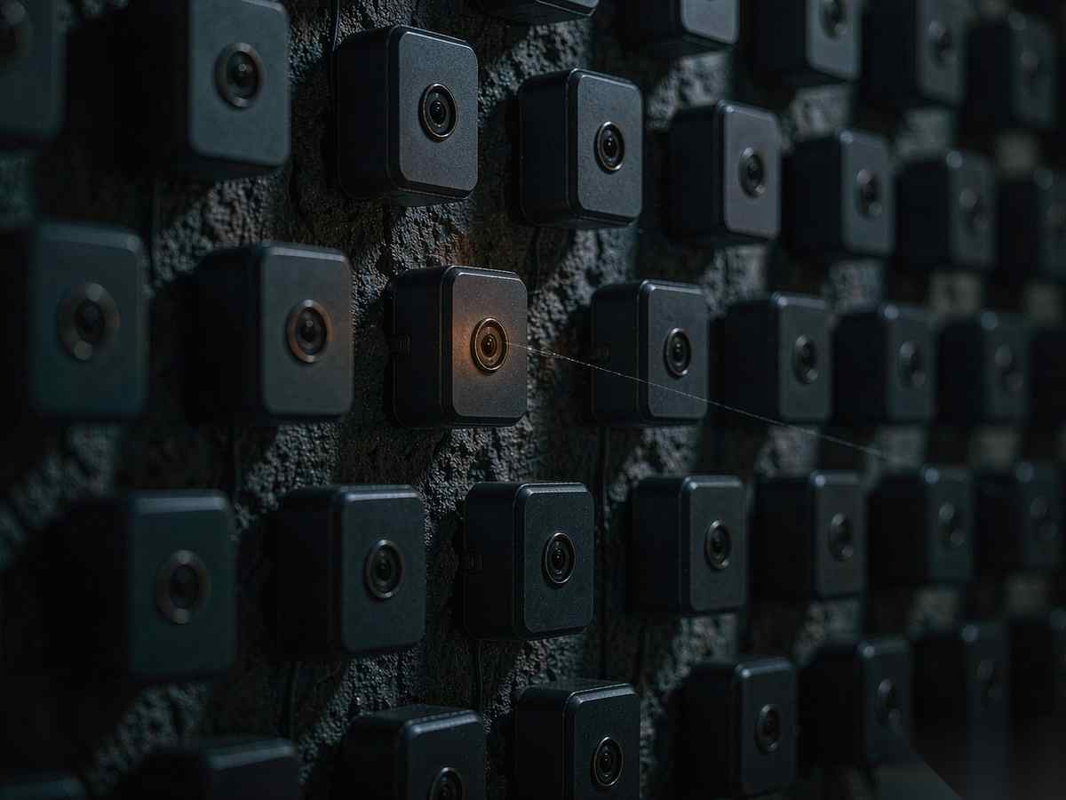 A single small glowing cube splitting into a grid of identical smaller cubes across a dark wall of tiny connected devices, each one lit faintly, suggesting self-replication across many cheap machines