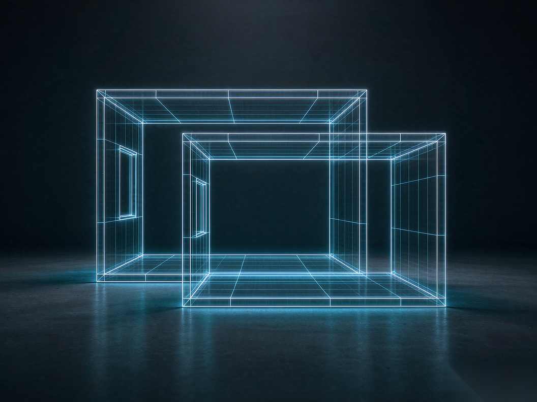 A dark studio floor with a glowing wireframe mannequin posed inside an outlined set, a camera rig on rails aimed at it, and a small luminous frame floating beside the rig
