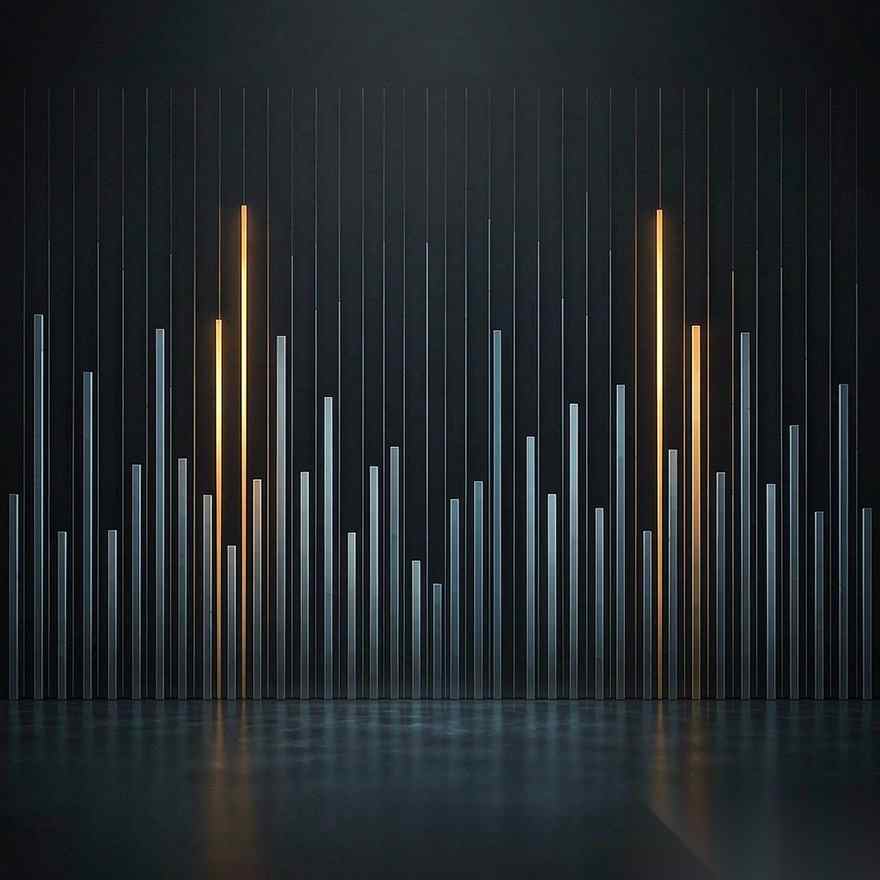 A square composition of two glass vessels on a dark surface, one wide and almost empty, one narrow and full, with a single beam of light passing through both