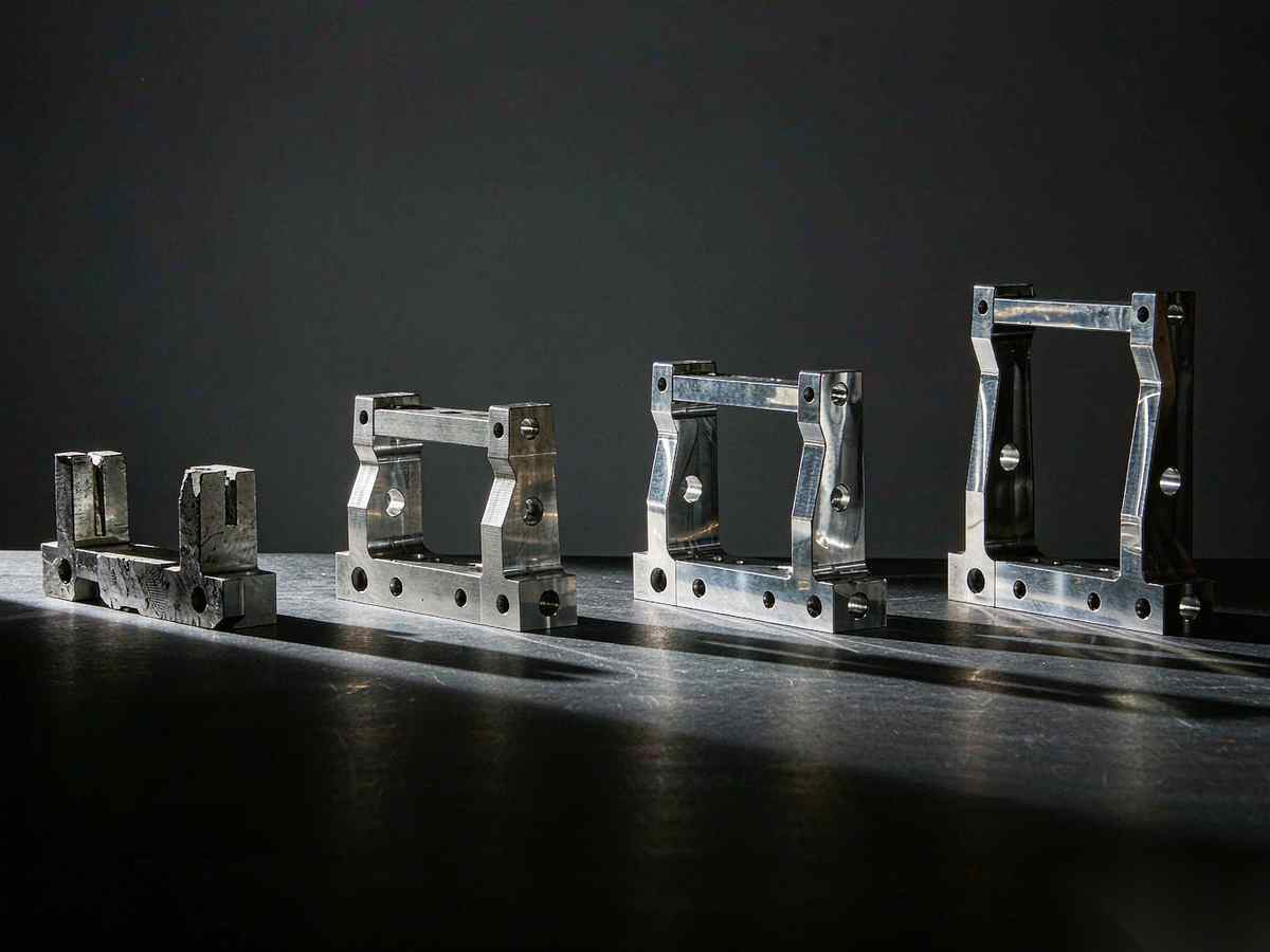 A small machined bracket in brushed metal resting on a dark surface, its mounting holes and wall thickness catching a single hard light, faint blueprint lines behind it