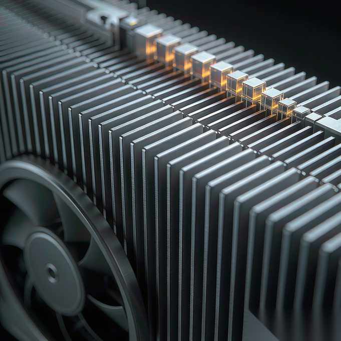 A square composition of two graphics cards mounted in an open frame on a workbench, one large and warm-lit, one smaller and cool-lit, cables routed between them