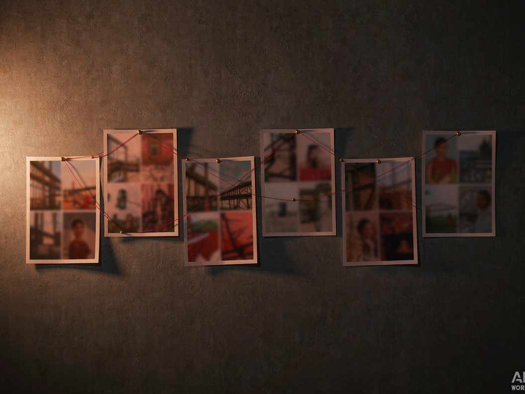 Colour-graded reference frames pinned in sequence on a dark studio wall, linked by red thread