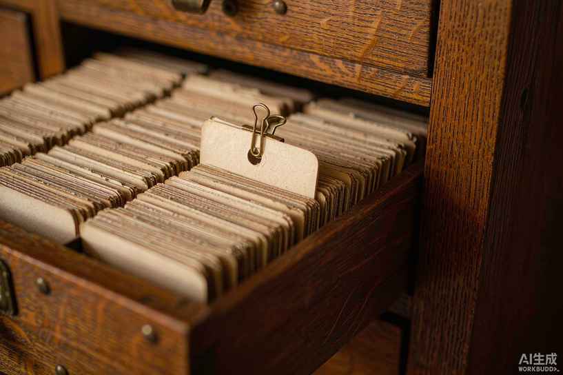 A half-open wooden card catalogue drawer packed with index cards under warm side light