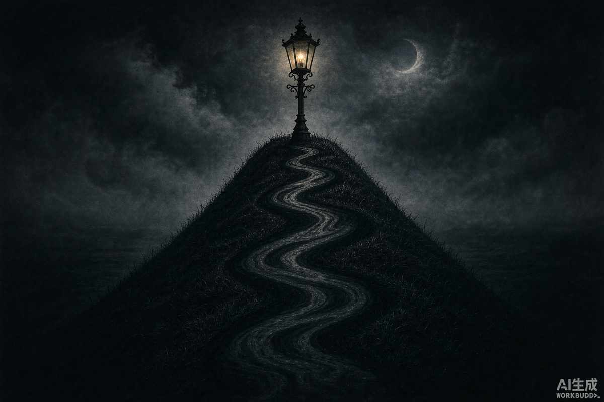 A steep spiral hill with a single lit lamppost, monochrome gothic storybook landscape