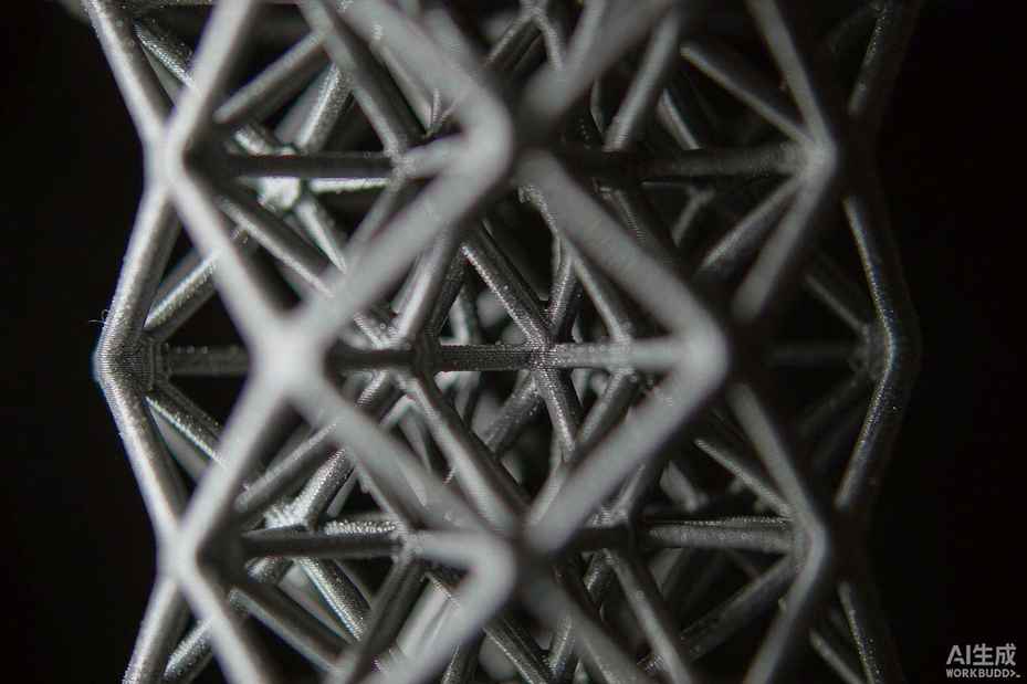 Macro of a 3D-printed metal lattice with visible layer texture under hard side light