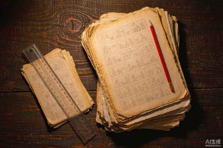 Printed storyboard sheets fanned across a dark wooden table under a warm desk lamp