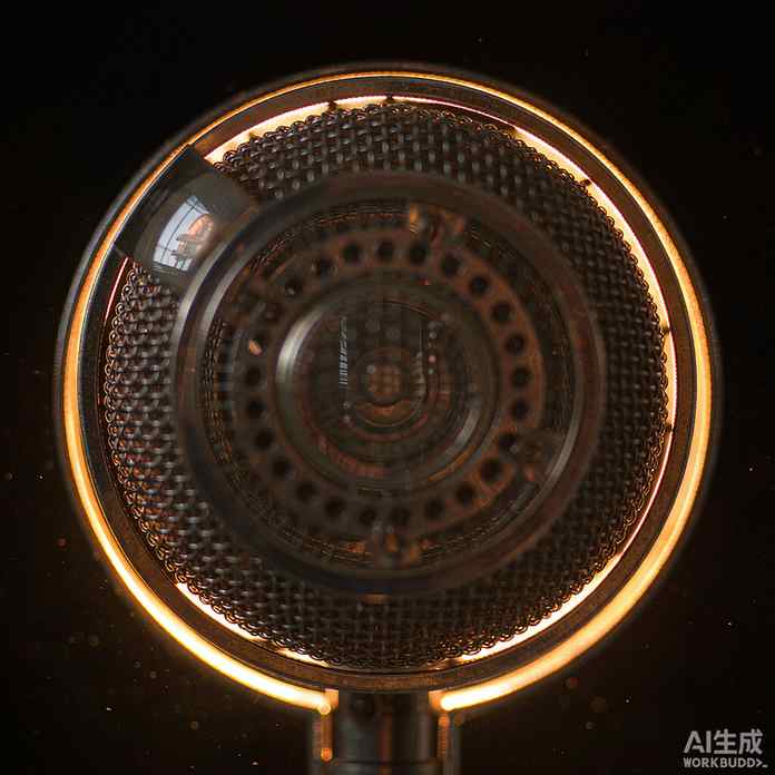 Square macro of a condenser microphone capsule lit by a warm golden rim light