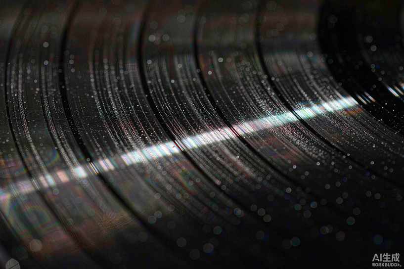 Macro view of vinyl grooves catching raking light as fine bright arcs