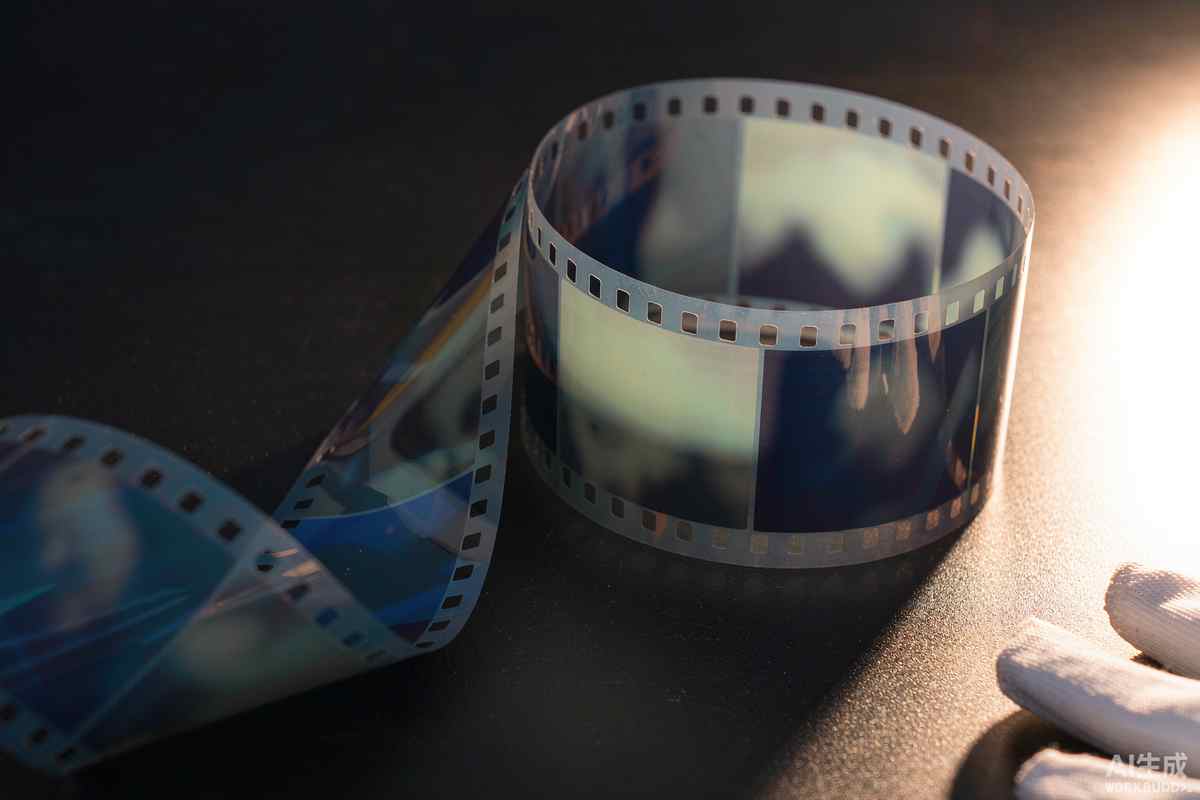 A curled strip of 35mm film on a dark table, its frames holding abstract colour fields