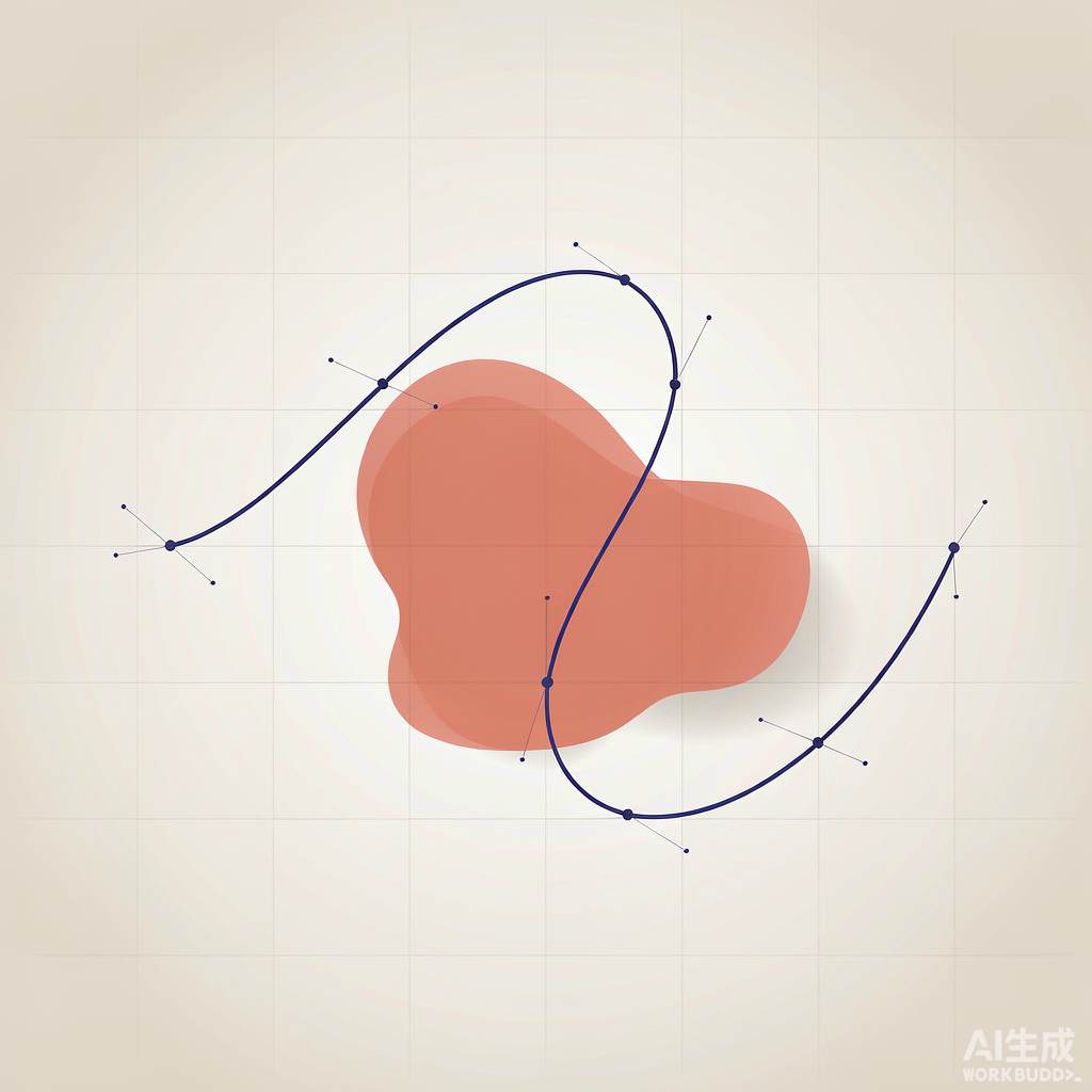 Minimal vector graphic of an indigo bezier curve with anchor points over a coral shape